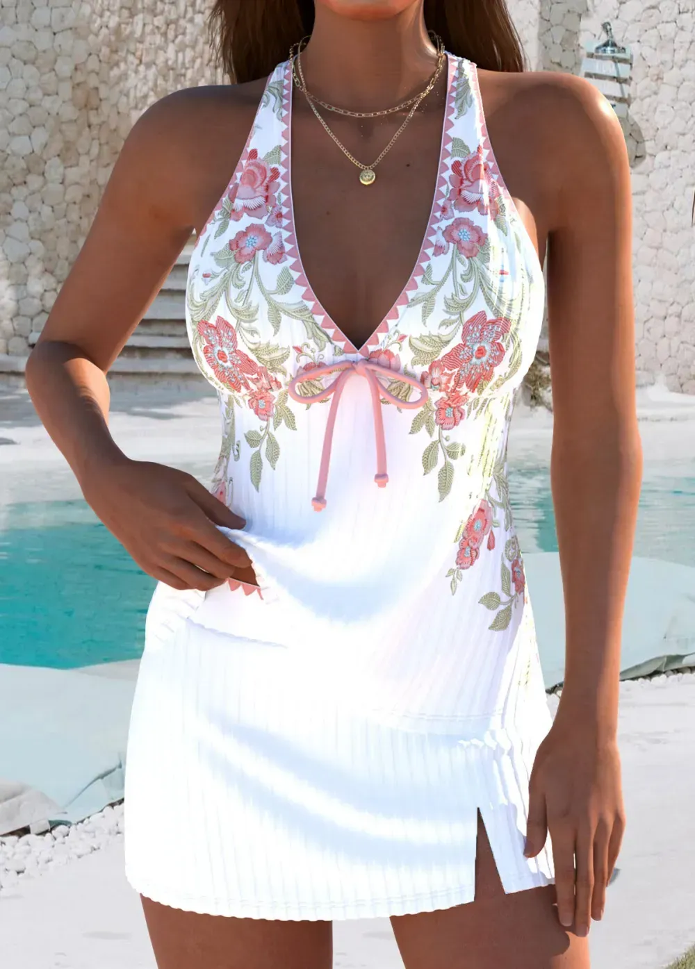 Mid Waisted Random Floral Print Pink Tankini Set