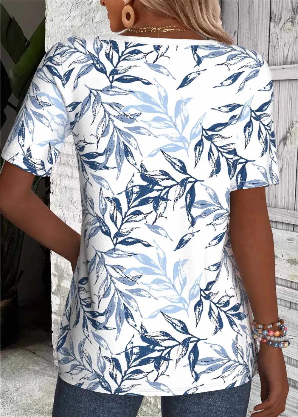 White Button Leaf Print Short Sleeve Split Neck Blouse