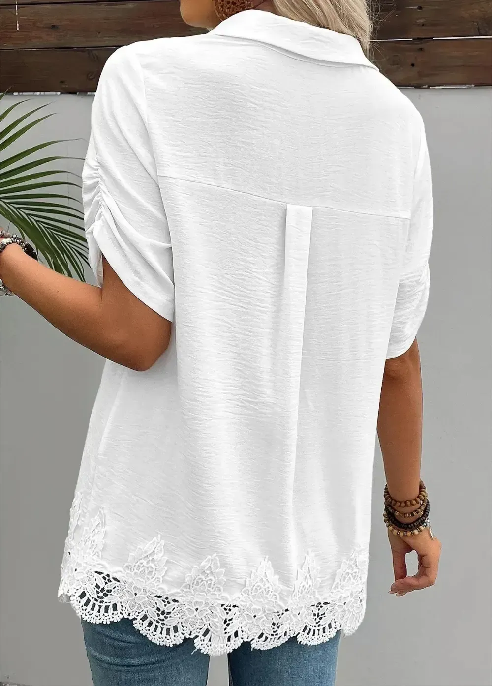 White Short Sleeve Shirt Collar Blouse