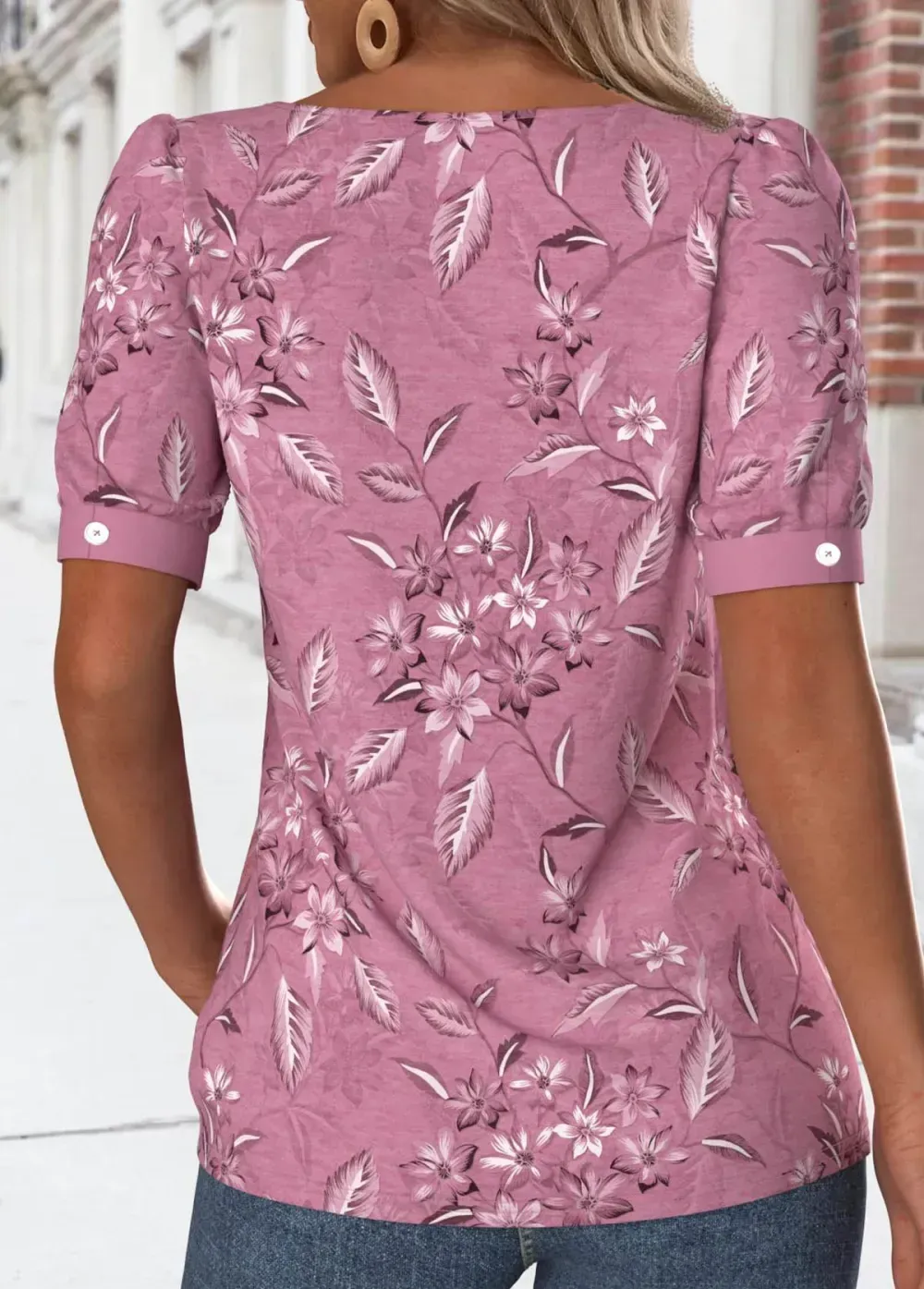 Dark Reddish Purple Asymmetry Floral Print T Shirt