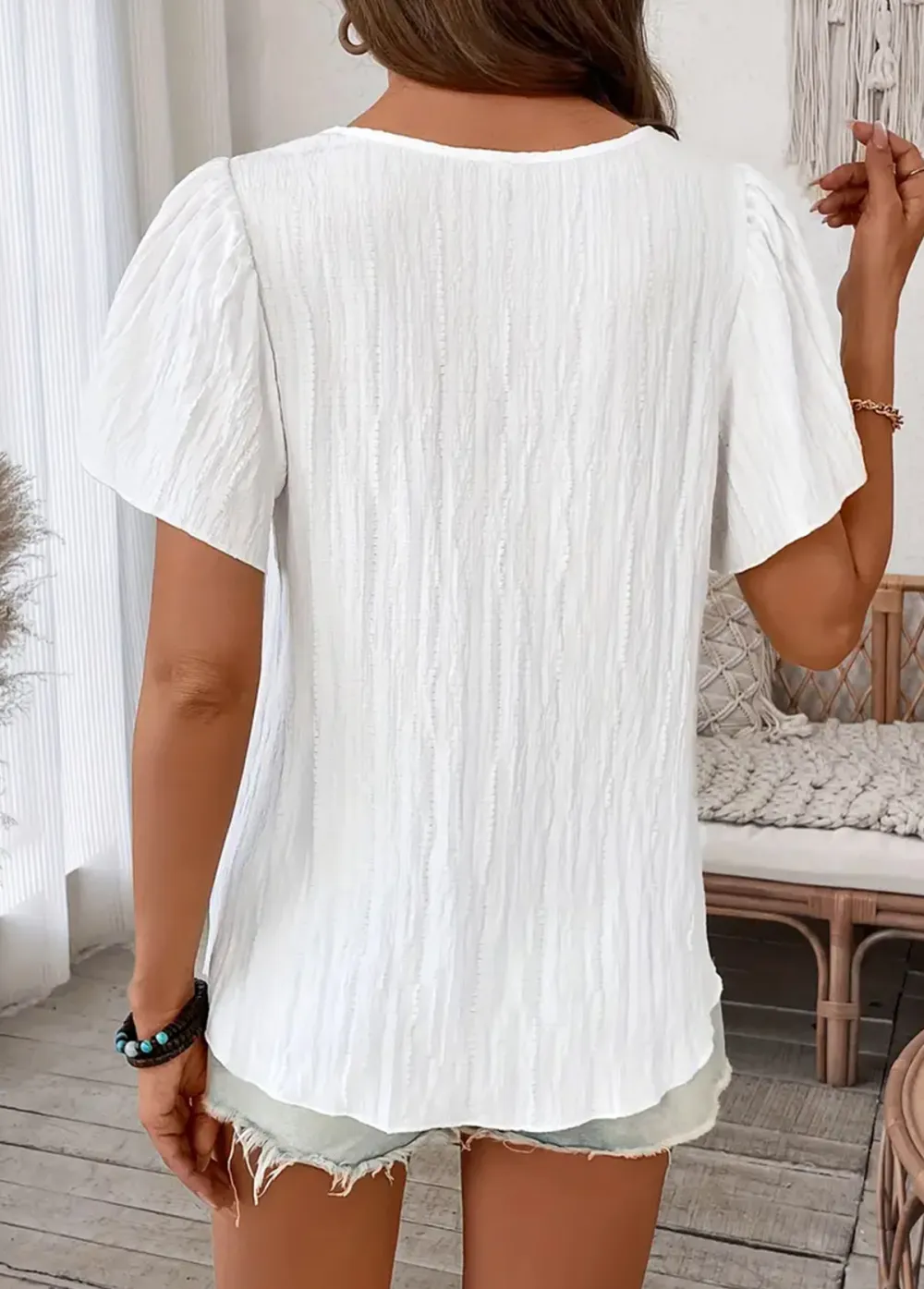 Raw White Patchwork Short Sleeve Square Neck T Shirt