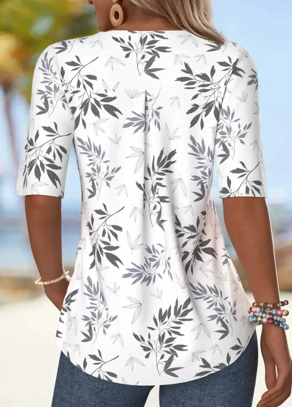 White Ruffle Leaf Print Half Sleeve V Neck Blouse