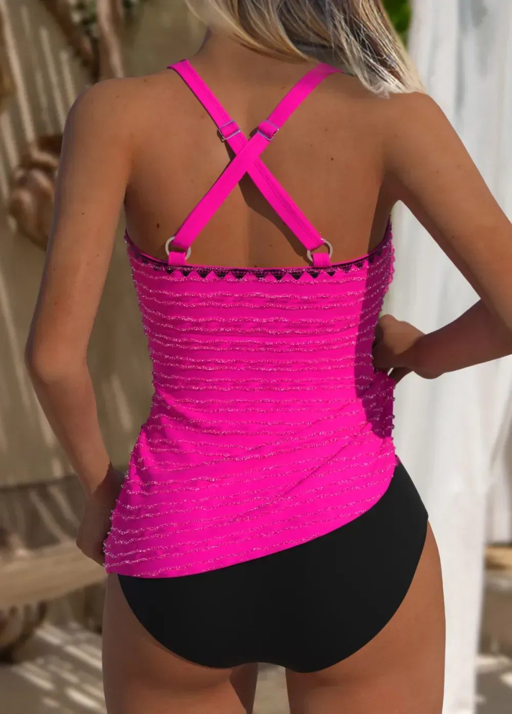 Jacquard Mid Waisted Hot Pink Tankini Set