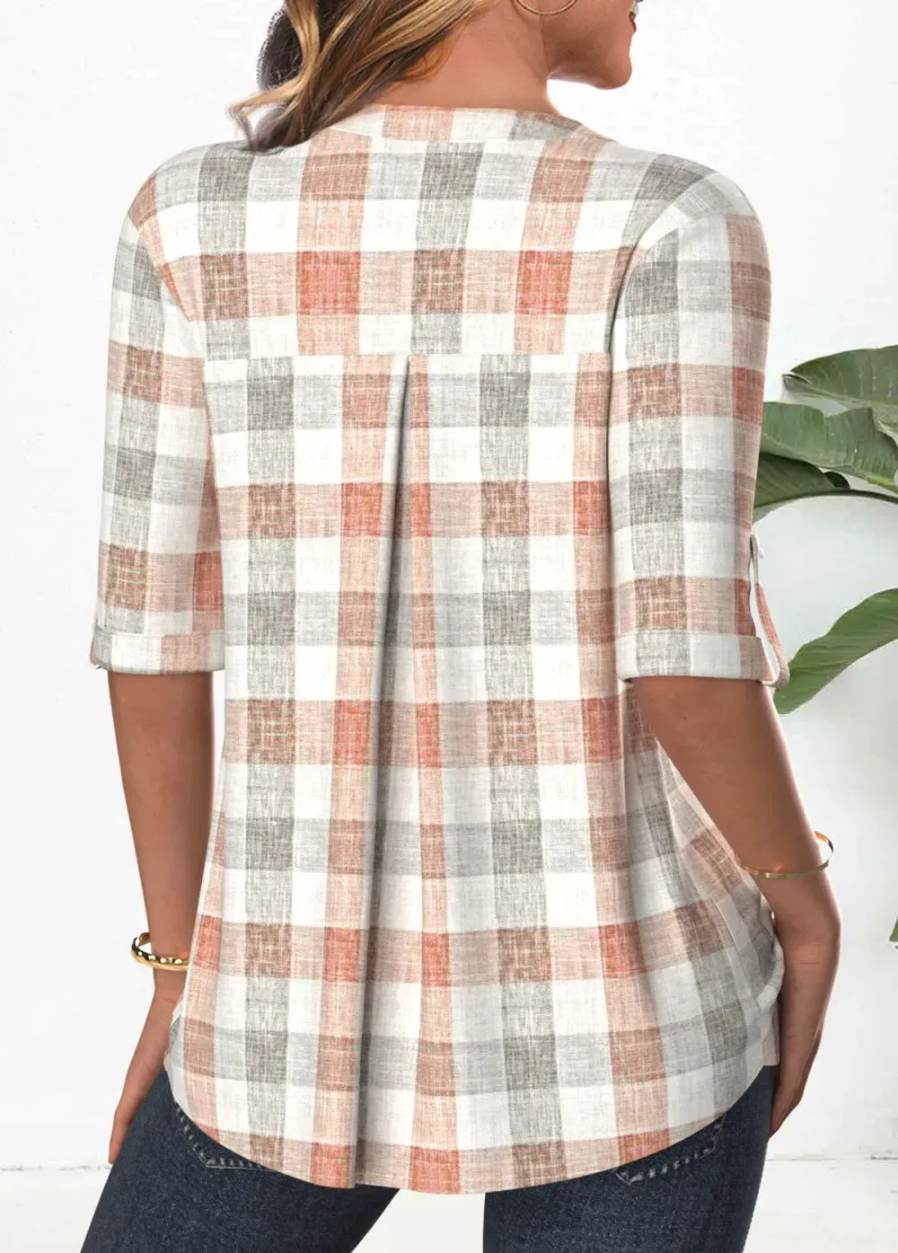 Orange Button Plaid 3/4 Sleeve Split Neck Blouse