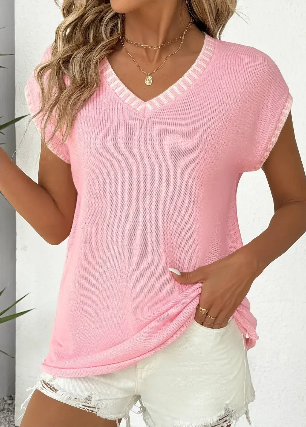Pink Short Sleeve V Neck T Shirt