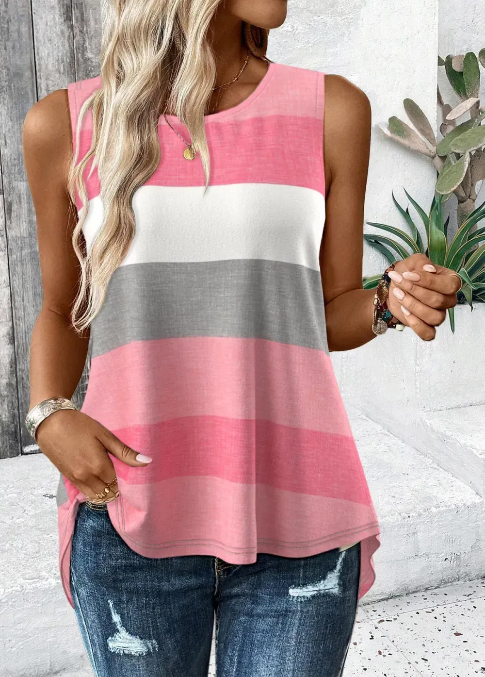 Pink Criss Cross Striped Sleeveless Round Neck Tank Top