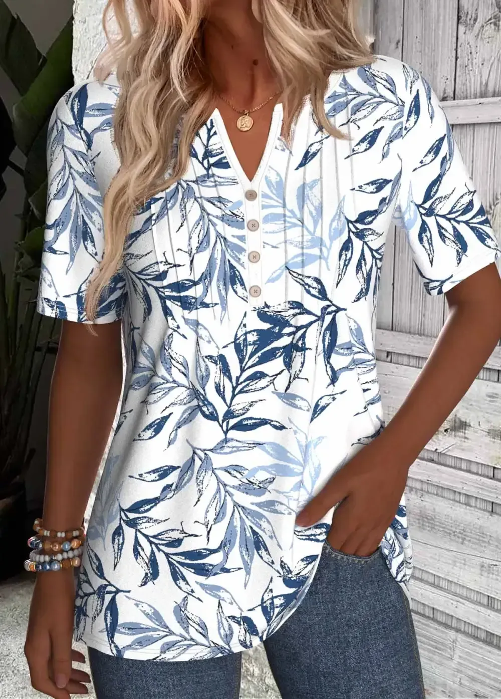 White Leaf Print T Shirt