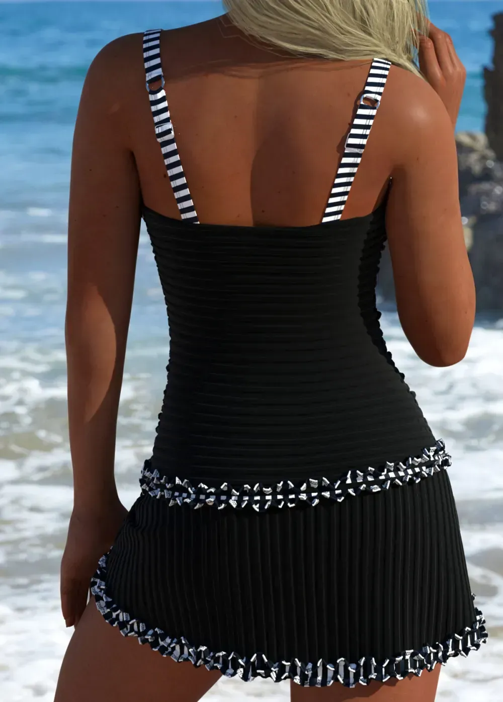 Contrast Binding Striped Black Tankini Set