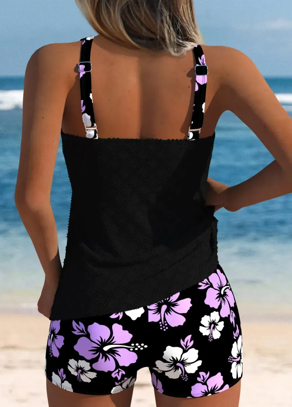 Mid Waisted Floral Print Light Purple Tankini Set