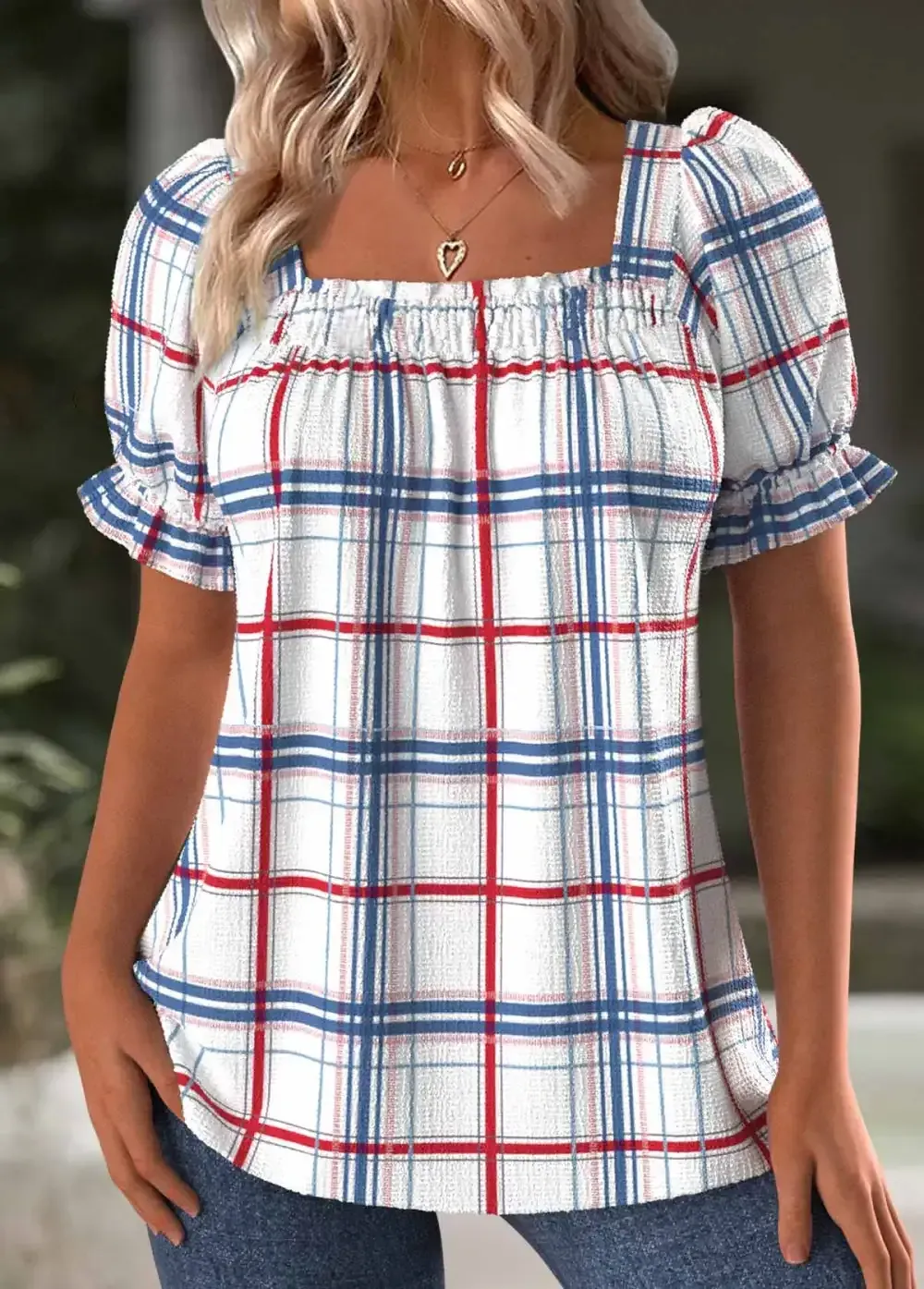 White Plaid Short Sleeve Square Neck T Shirt