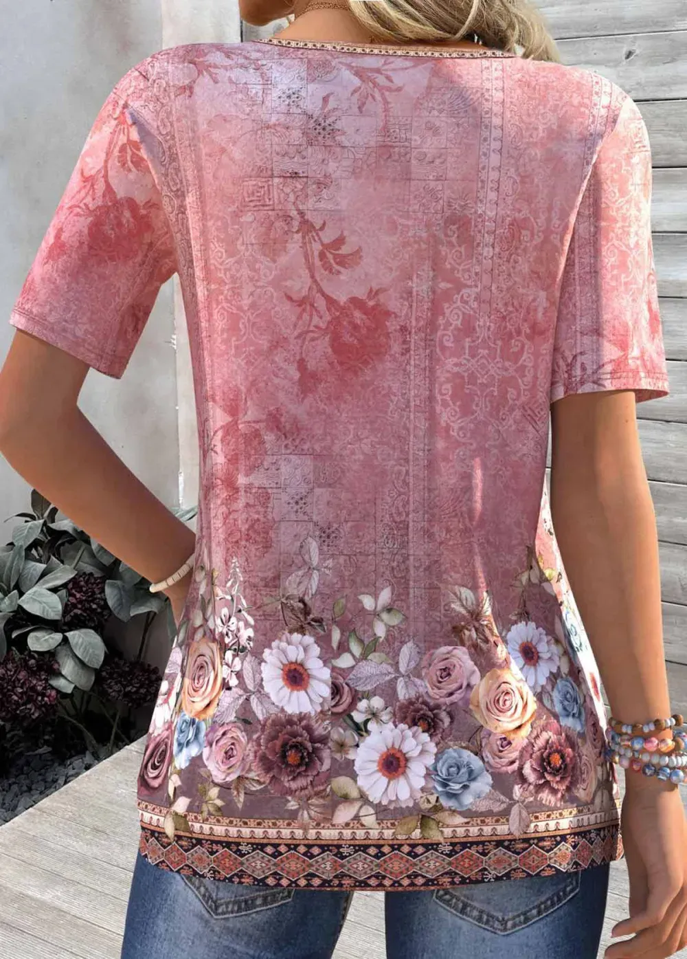 Pink Tuck Stitch Floral Print Short Sleeve T Shirt