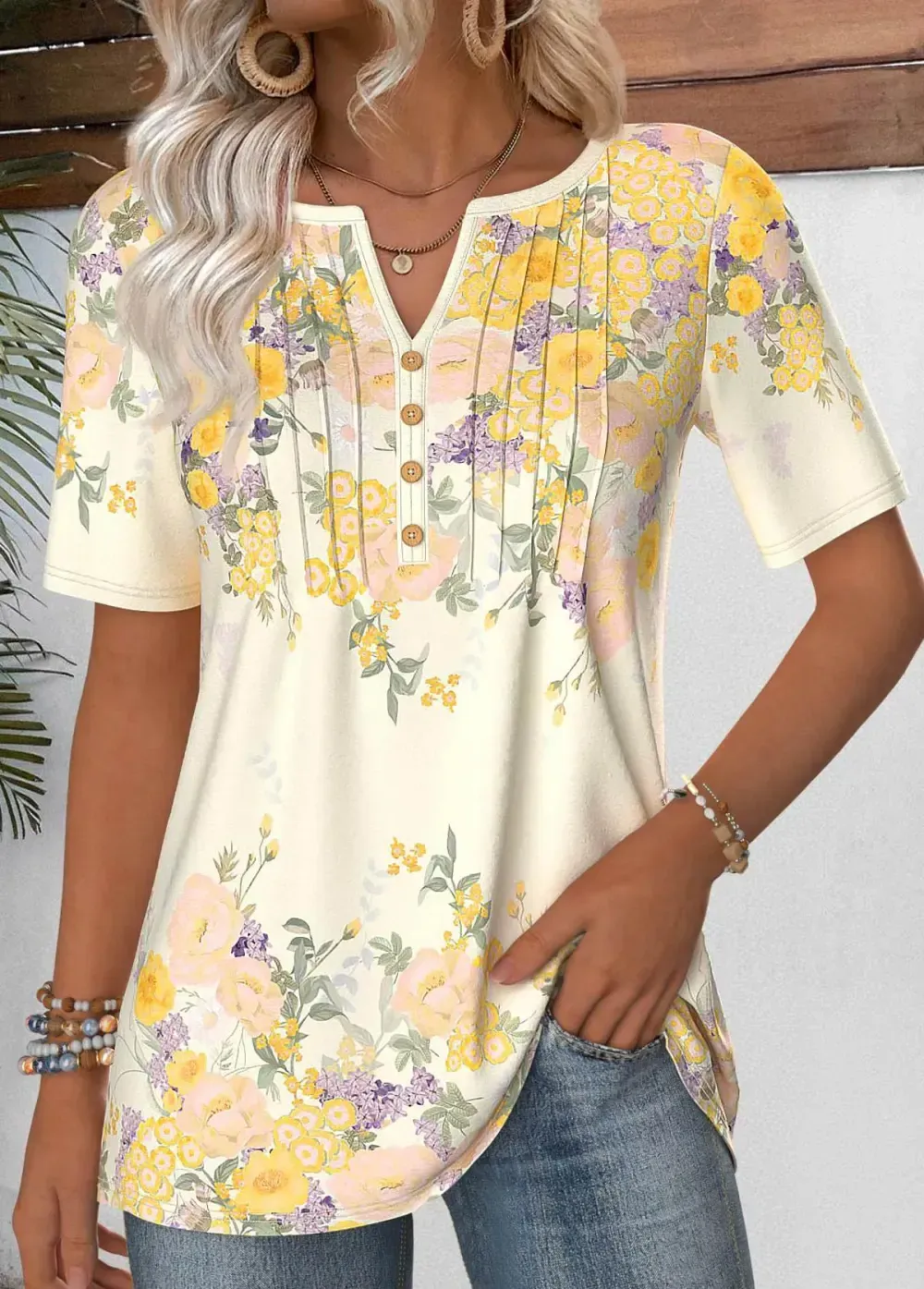 Light Yellow Short Sleeve Split Neck T Shirt