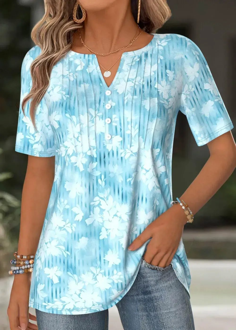 Light Blue Floral Print Short Sleeve T Shirt