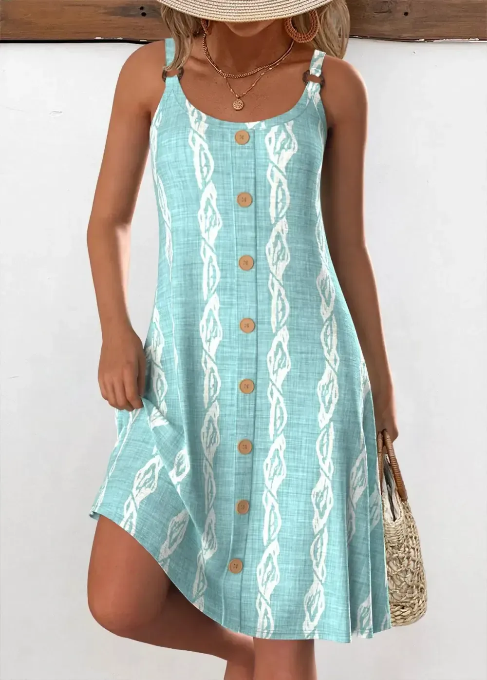 Mint Green Circular Ring Tropical Plants Print Strappy Dress