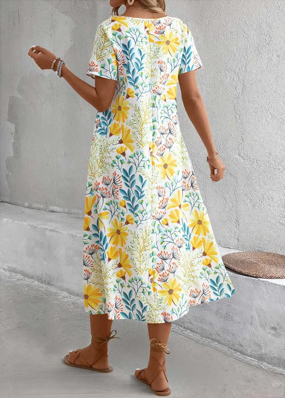 Yellow Pocket Floral Print A Line Short Sleeve Dress