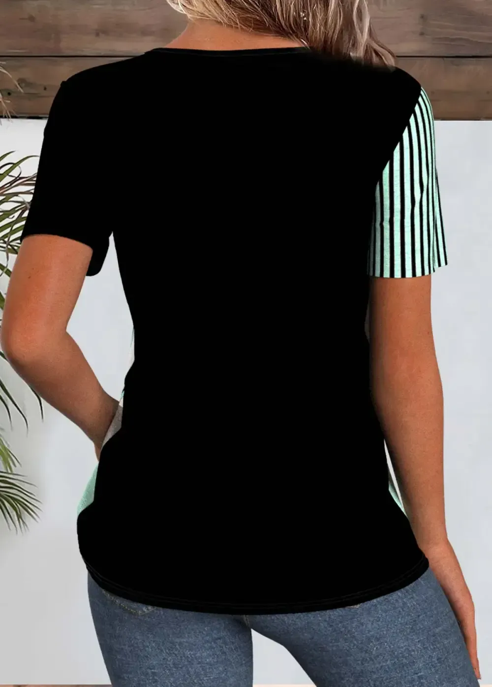 Black Patchwork Geometric Print Short Sleeve T Shirt