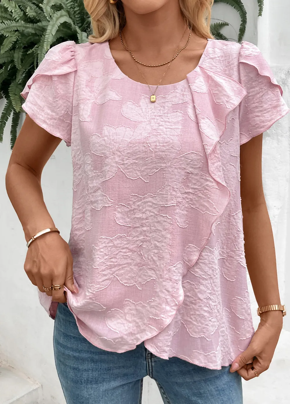 Pink Short Sleeve Round Neck T Shirt