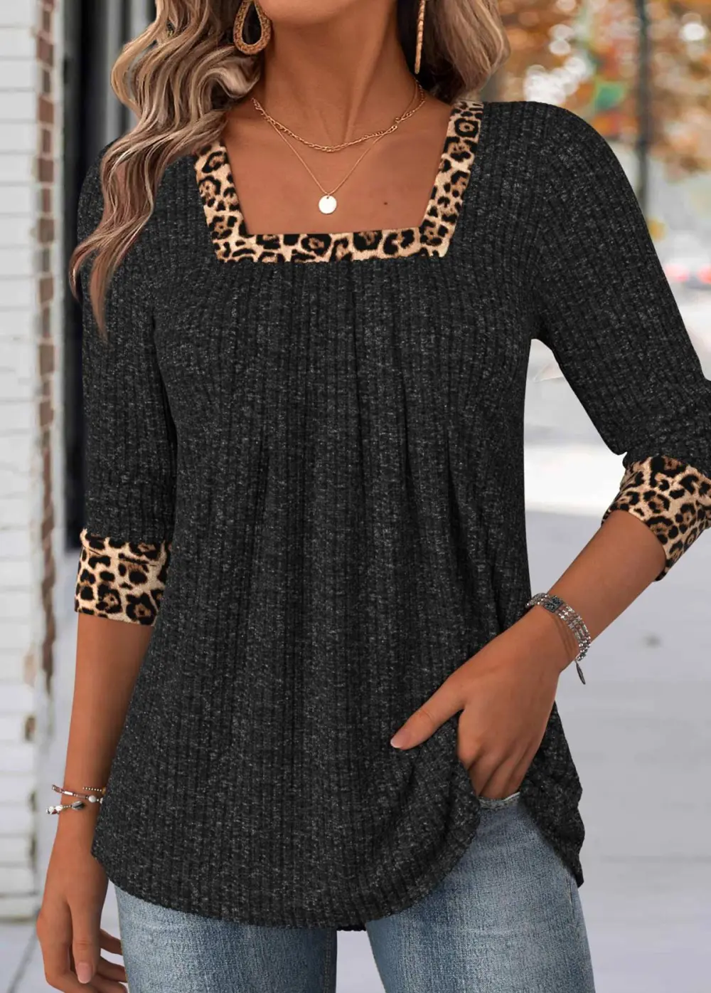 Black Leopard Long Sleeve Square Neck T Shirt
