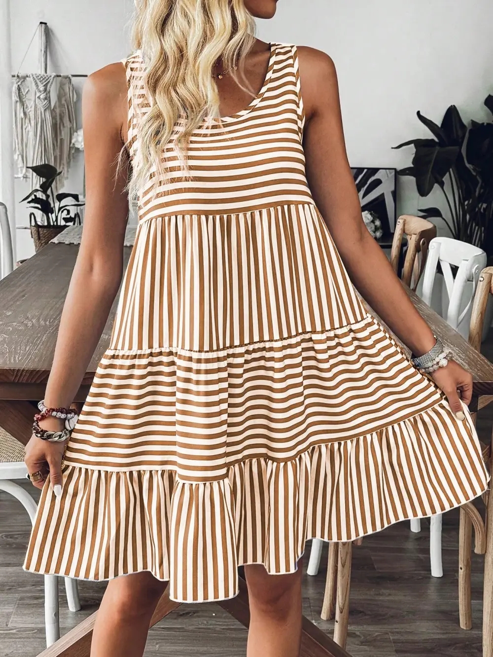 Calvaya Vacation Casual Striped Women's Dress, Fashionable For Summer