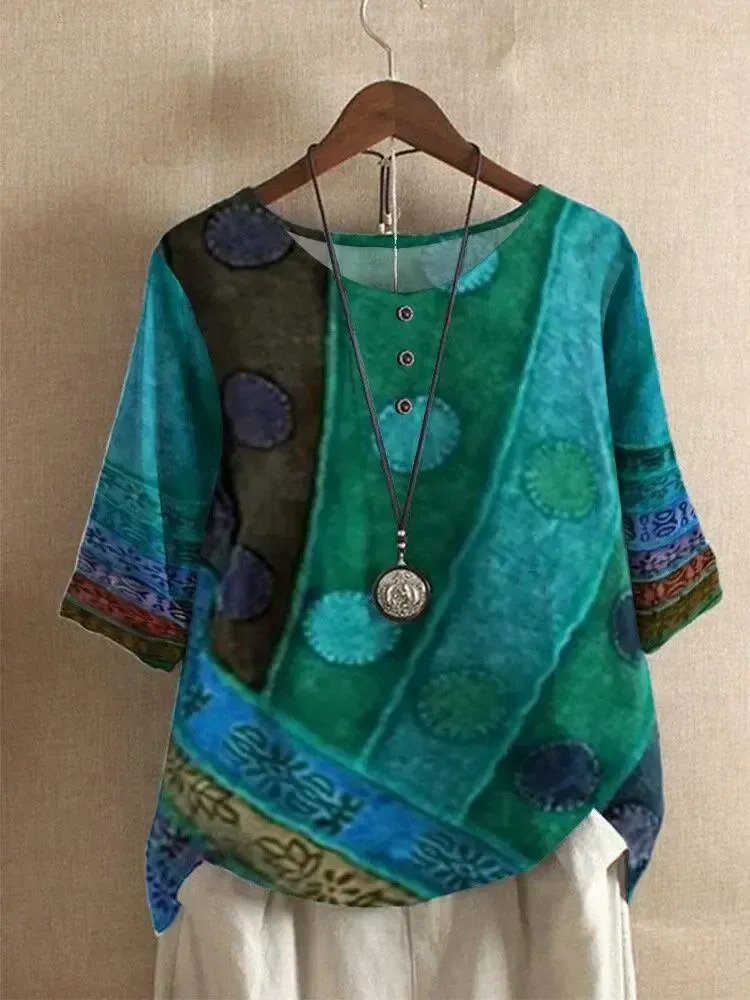 Tribal Pattern O-neck Half Sleeve Loose Women T-shirt