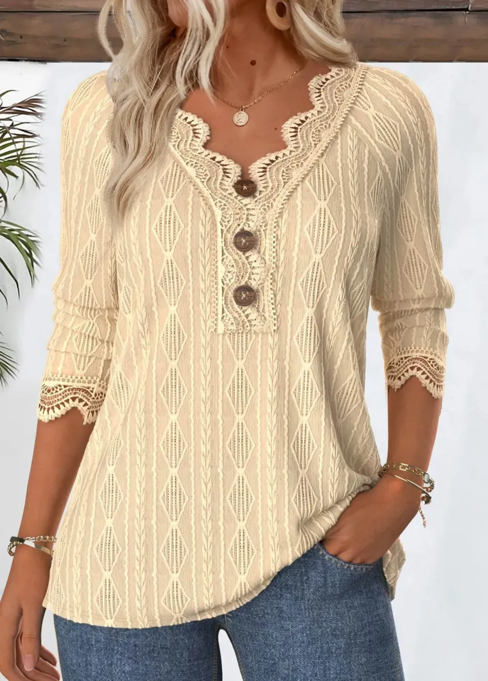 Light Camel 3/4 Sleeve V Neck T Shirt
