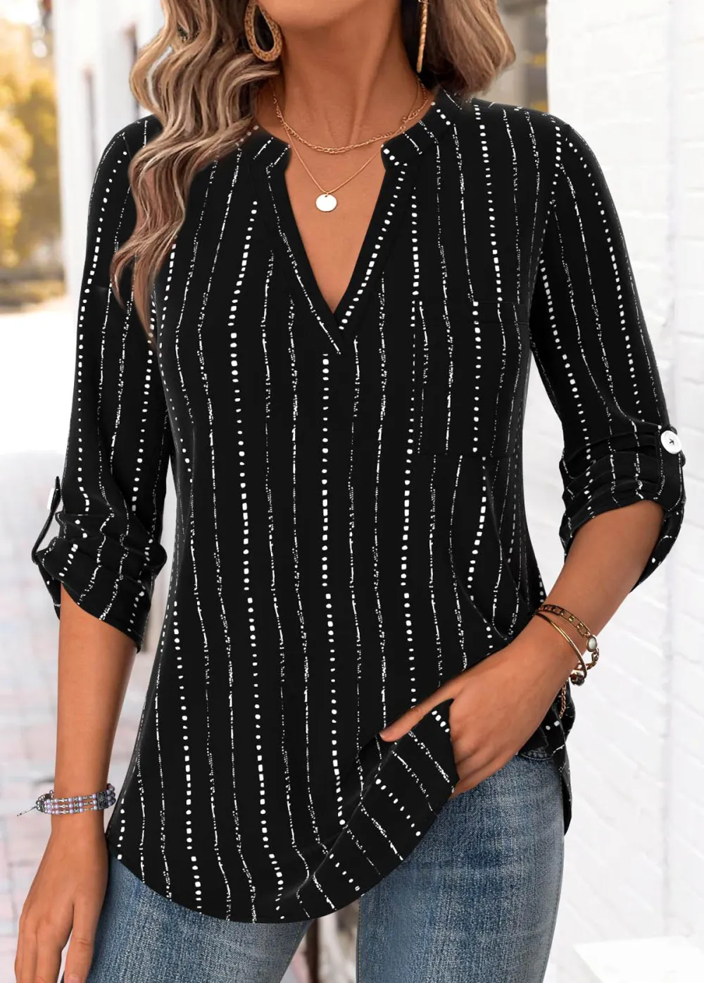 Black Polka Dot 3/4 Sleeve Split Neck Blouse