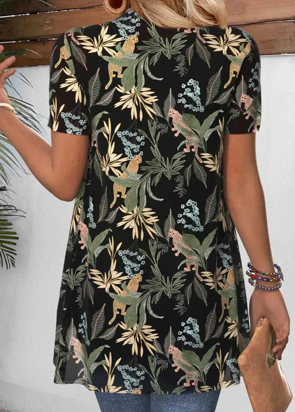 Green Leaf Print Short Sleeve Light Cardigan