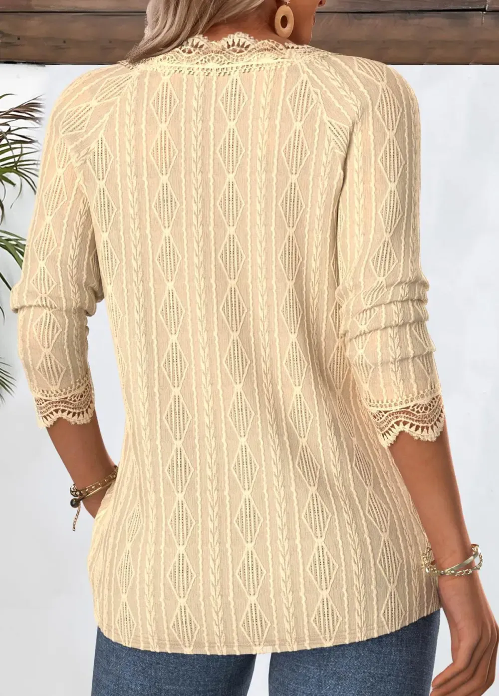 Light Camel 3/4 Sleeve V Neck T Shirt