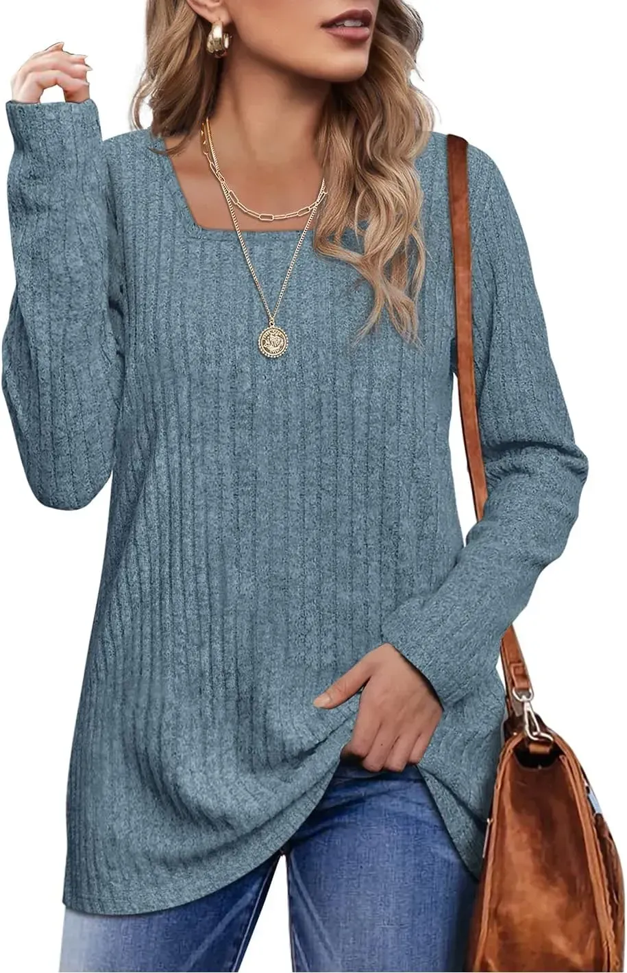 OFEEFAN Long Sleeve Shirts for Women Lightweight Crew Neck Casual Tunic Tops