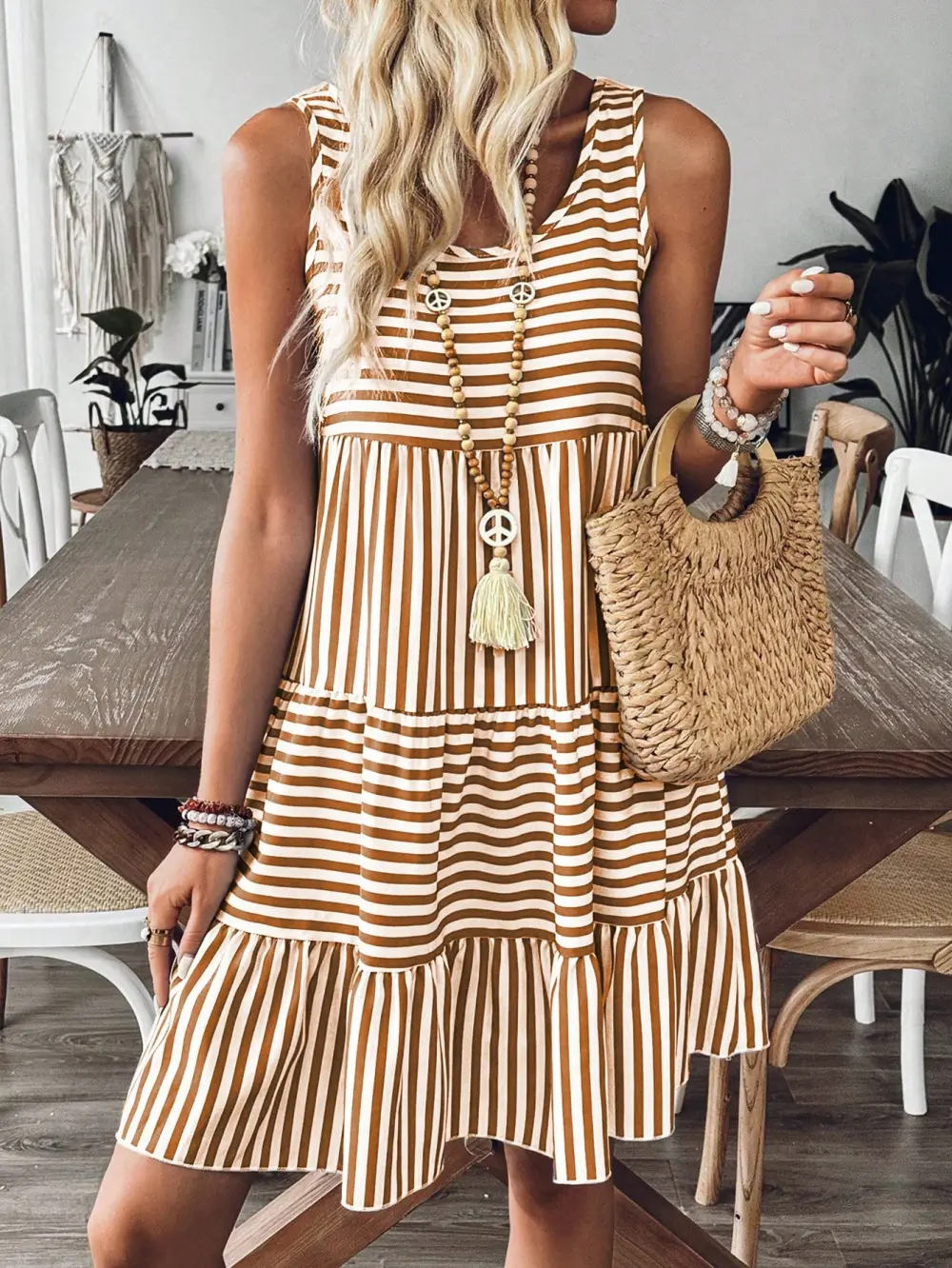 Calvaya Vacation Casual Striped Women's Dress, Fashionable For Summer