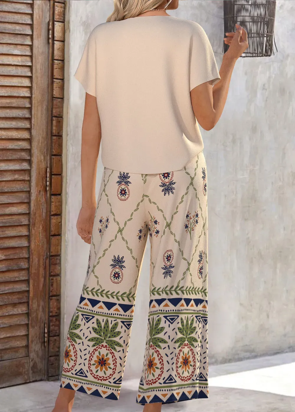 Beige Fruit Printing Ankle Length Short Sleeve Top