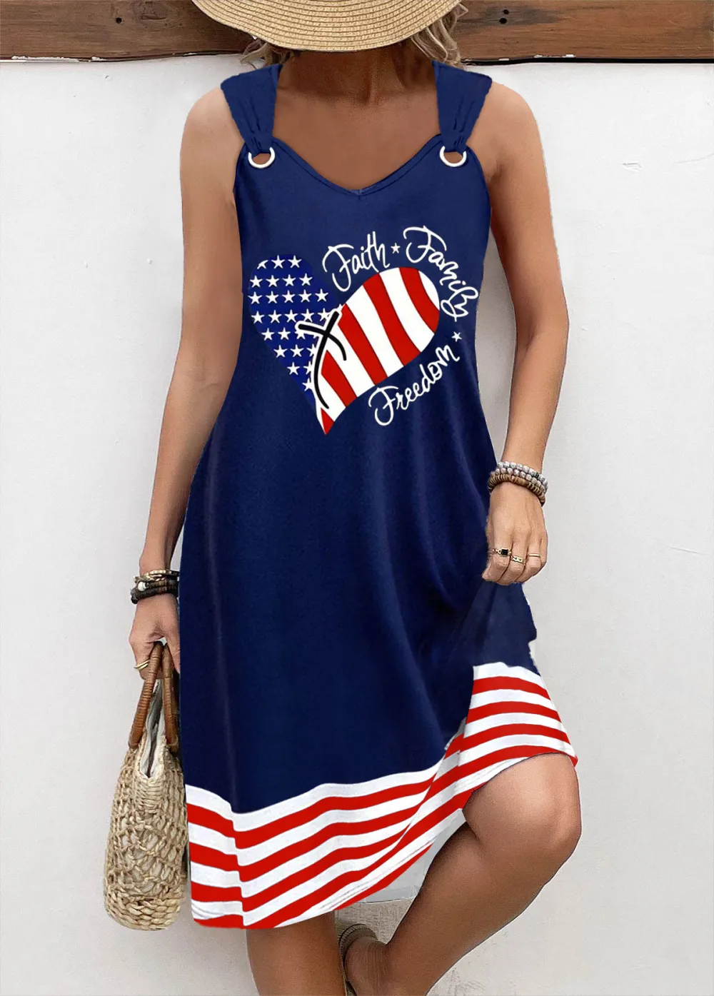 American Flag Plus Size Navy Circular Ring Sleeveless Dress