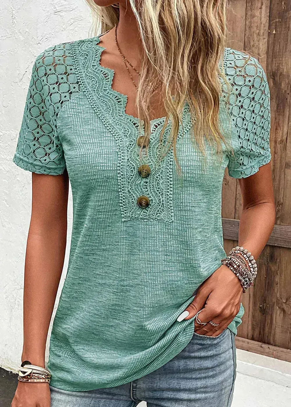 Green Lace Short Sleeve V Neck T Shirt