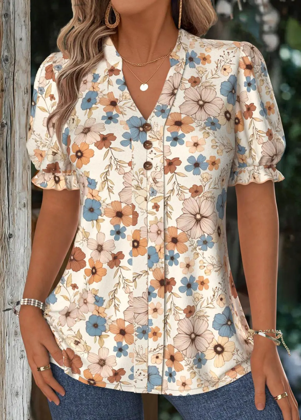 Beige Floral Print Short Sleeve Stand Collar Blouse