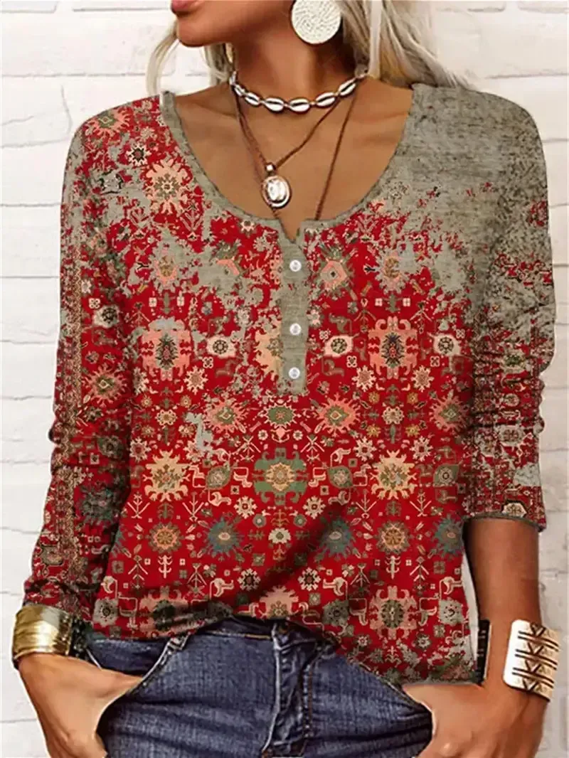 Women Long Sleeve Shirt Collar Printed Graphic Women Tops