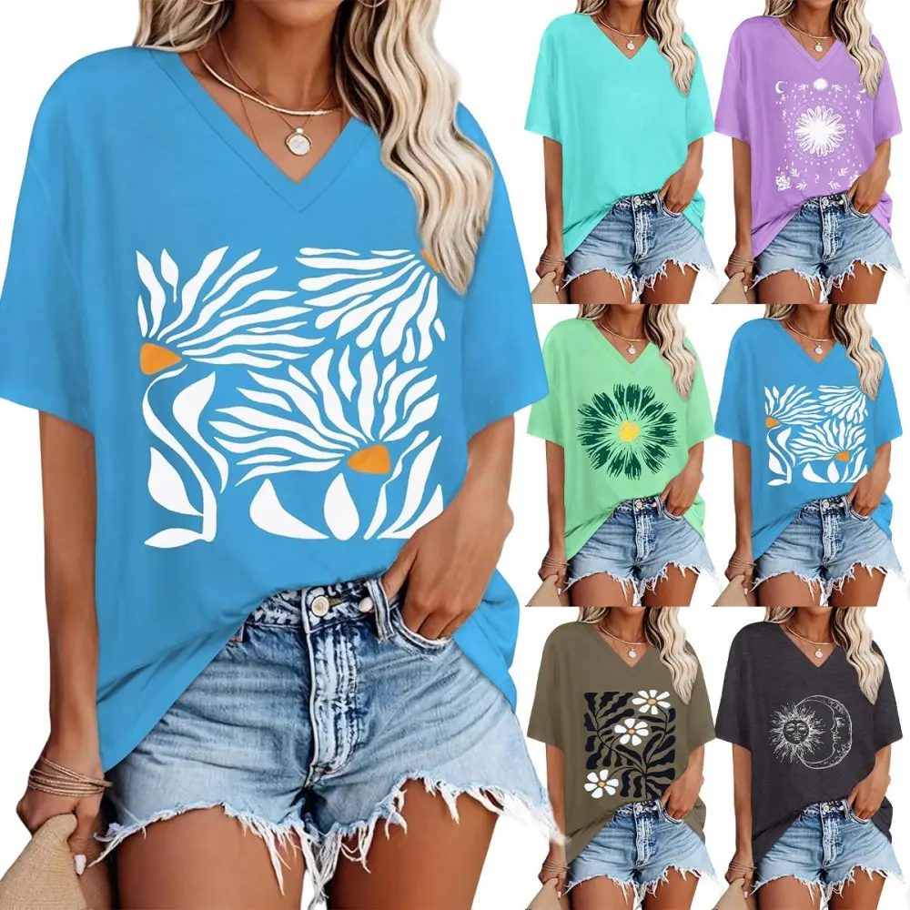 Oversized Tshirts for Women V Neck Short Sleeve Summer Casual Basic Loose Tops