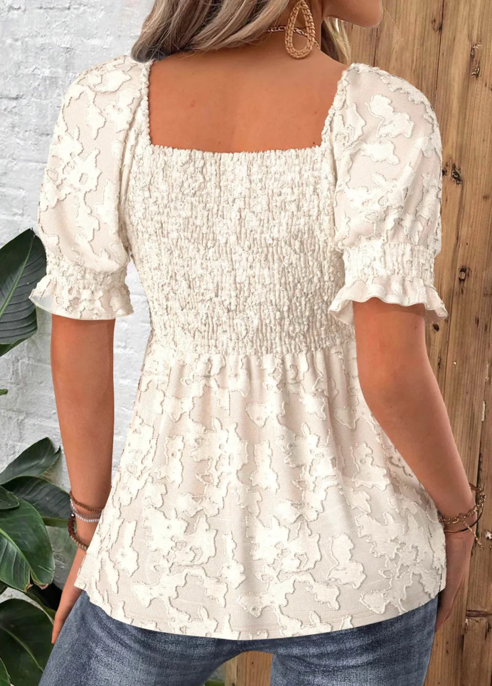Beige Short Sleeve Square Neck Blouse