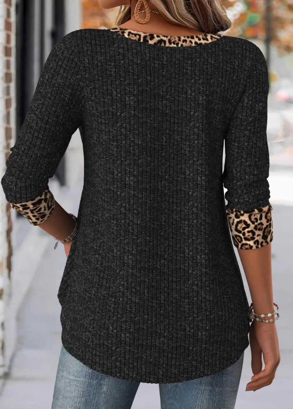 Black Leopard Long Sleeve Square Neck T Shirt