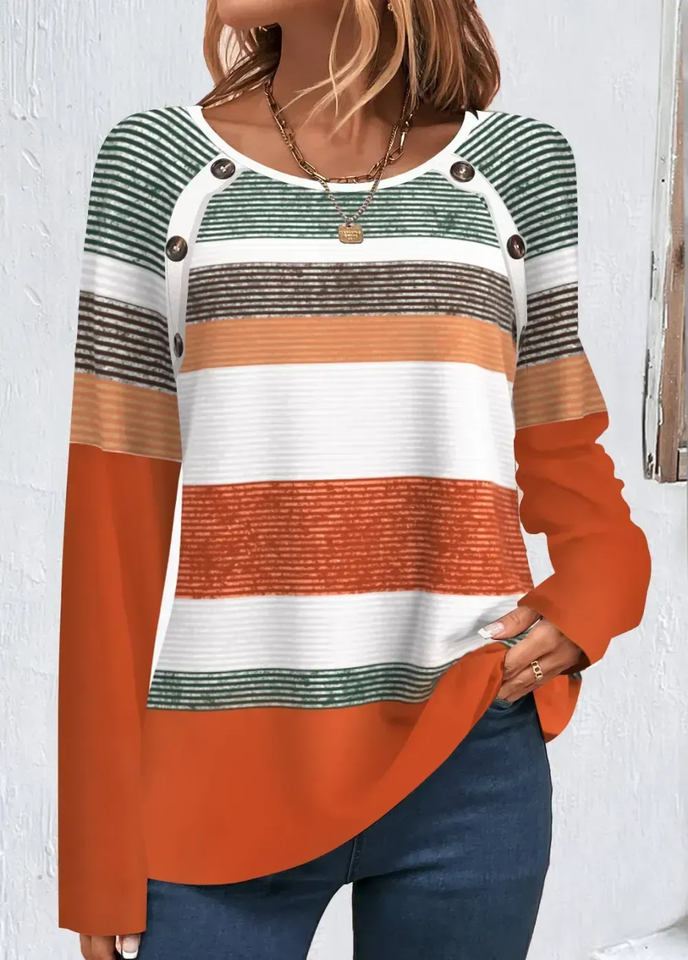 Orange Button Multi Stripe Print T Shirt