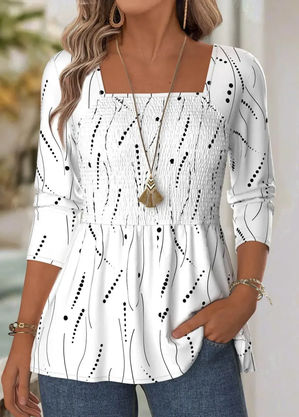 White Geometric Print Long Sleeve Square Neck Blouse