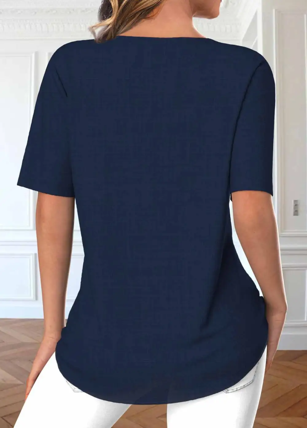 Navy Button Short Sleeve Split Neck Blouse