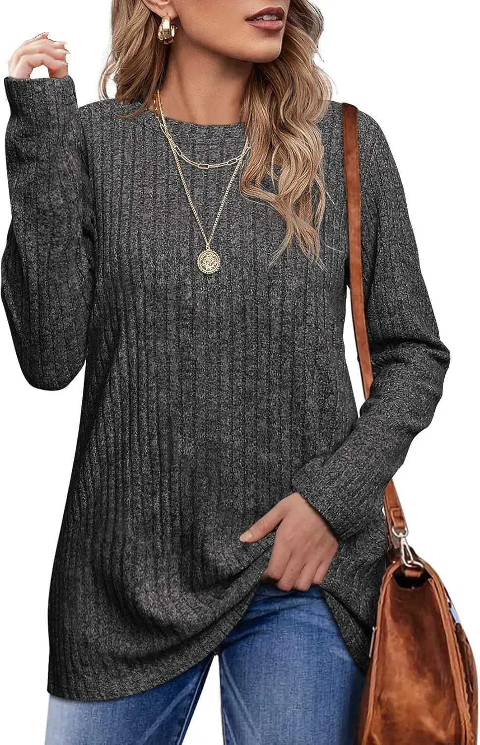 OFEEFAN Long Sleeve Shirts for Women Lightweight Crew Neck Casual Tunic Tops