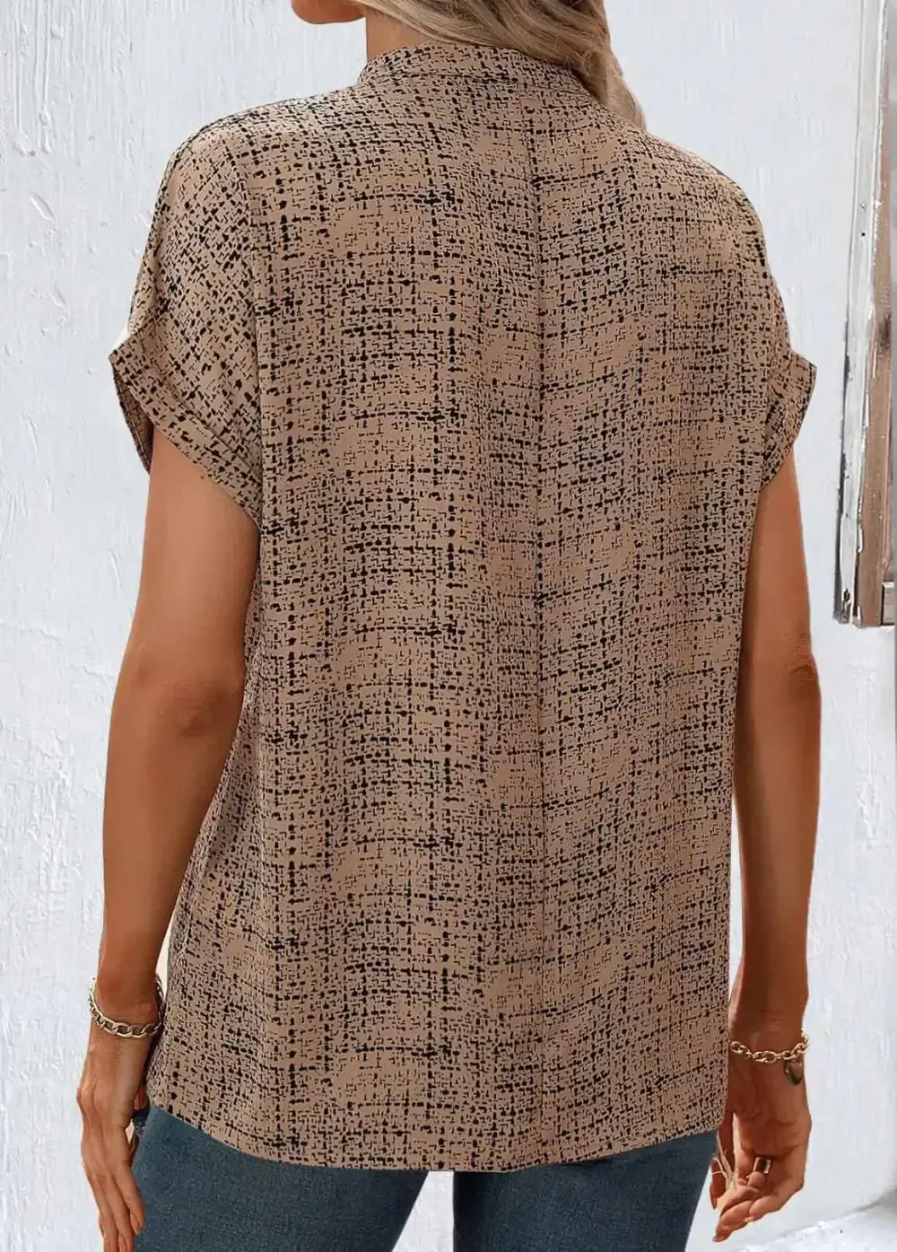Light Coffee Split Geometric Print Short Sleeve Blouse