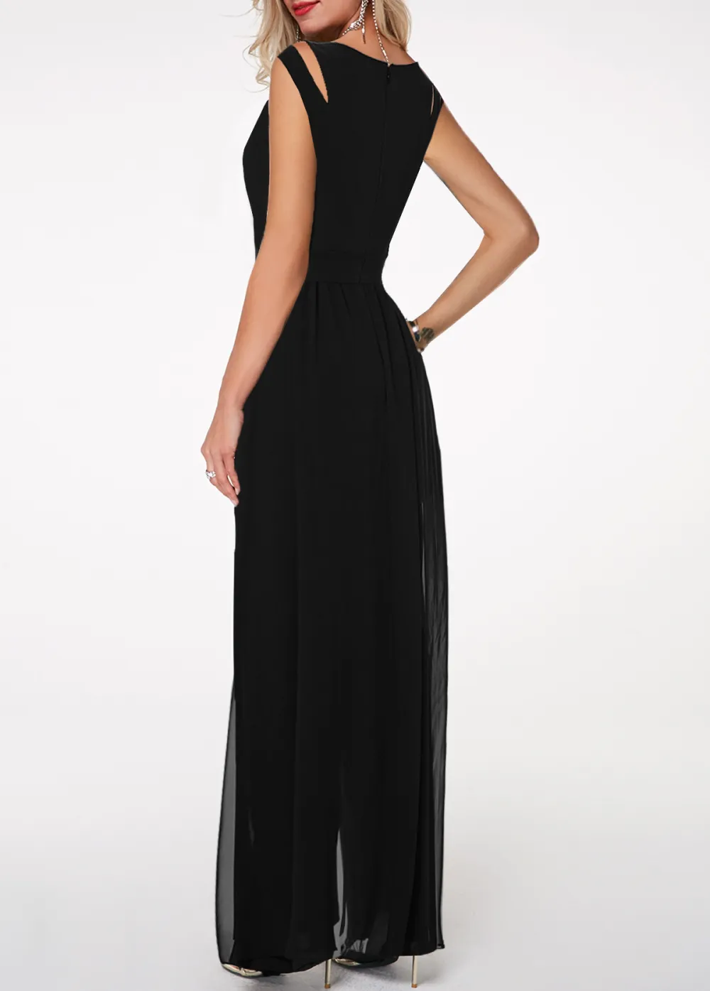 Round Neck High Waist Chiffon Overlay Black Jumpsuit