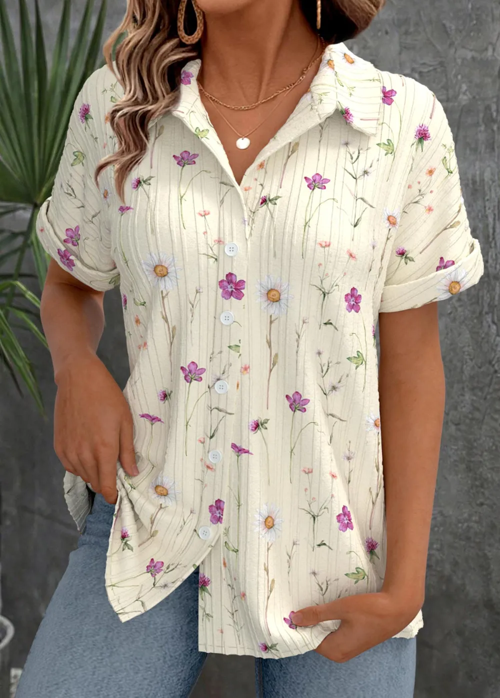 Beige Ditsy Floral Print Short Sleeve Shirt Collar Blouse