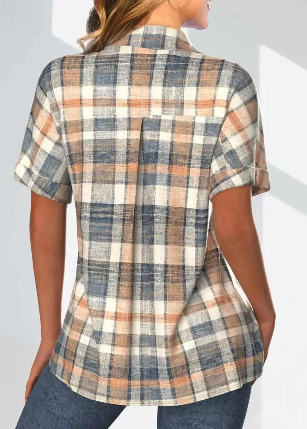 Multi Color Button Plaid Short Sleeve Blouse