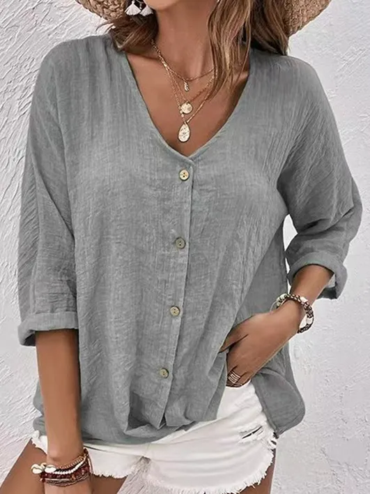 V-Neck Button-Down Solid Color Casual Top