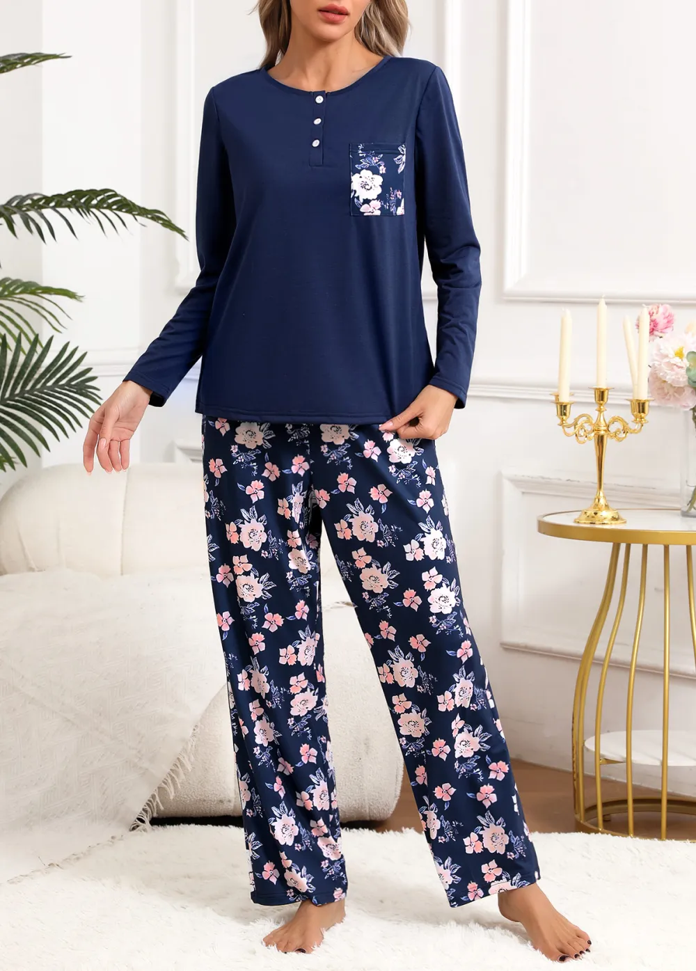 Navy Floral Print Long Sleeve Lounge Top and Pants