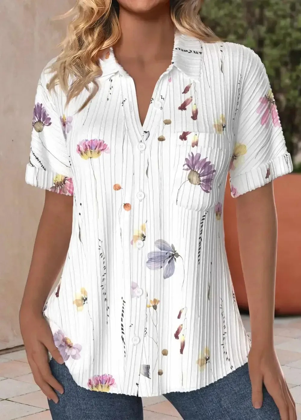 White Textured Fabric Floral Print Short Sleeve Blouse