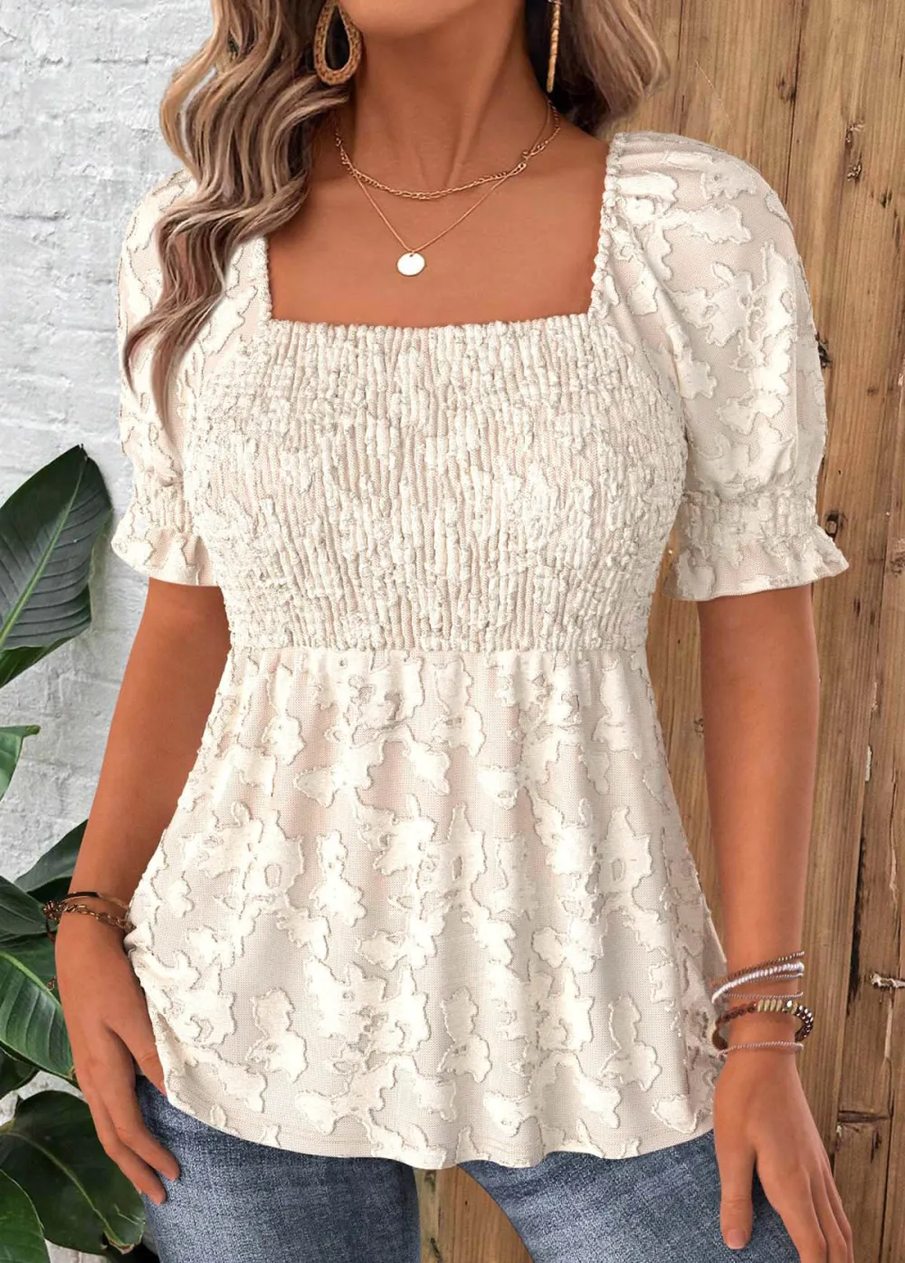 Beige Short Sleeve Square Neck Blouse